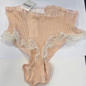 Zimmerli Blush Ribbed High-Waist Briefs with White Lace Trim